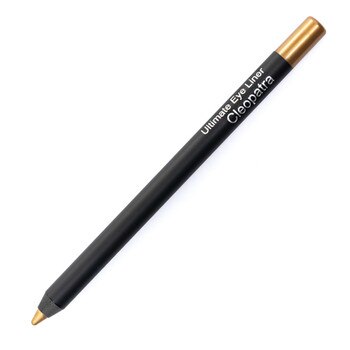 An image of a Kandi Koated Amp metallic eye pencil in “Cleopatra”, a bright warm gold, lying on a white background. The body of the pencil is black with a colored point and end cap.