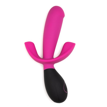 An overhead image of the three-pronged pink and black triple-stim BK Adventure massager on a white background. There is a slightly curved shaft flanked by two short flexible arms.