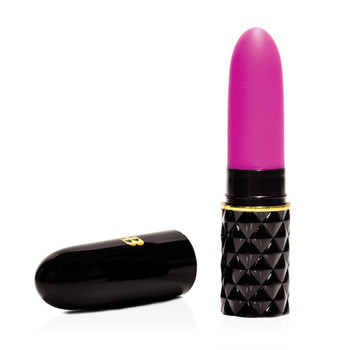 An imagine of BK's popular Kandi Kisses lipstick vibrator on a white background. The cap is off and lying to the left of the massager, which has a black plastic handle and pink silicone "lipstick"