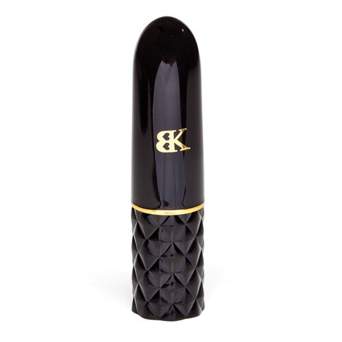 An image of BK's Kandi Kisses vibrator with the cap on, forming a discreet black tube with the BK logo in gold.