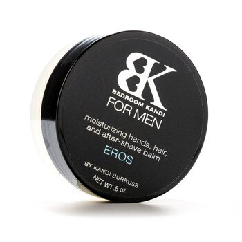 An image of our small round perfume balm on its side. The black lid features the BK for Men logo and reads "moisturizing hands, hair, and after-shave balm" with the word EROS in blue.