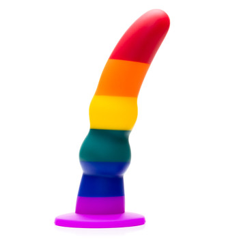 A side-one view of True Colors, a suction-based dildo with a rainbow pattern starting at purple at the base, moving up through to red at the tip.