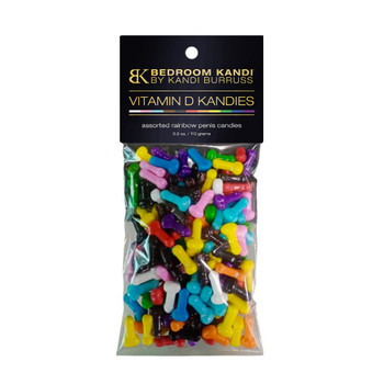 A bag of assorted rainbow-colored penis-shaped candies