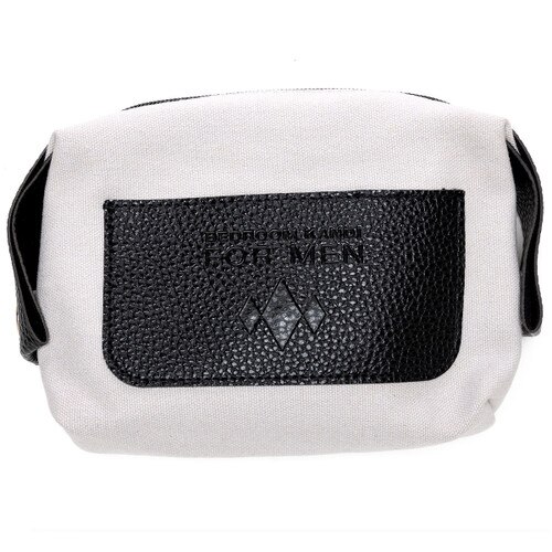 An image of a gray fabric cosmetic-size bag with black leather accents embossed with the BK for Men Logo