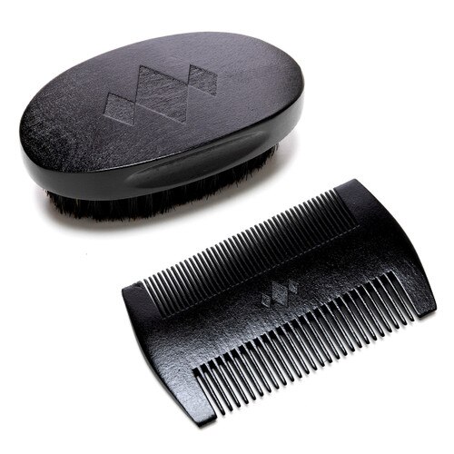 An image of a black bristle brush and a black double-sided comb on a white background, both embossed with the three diamonds of the BK for Men logo