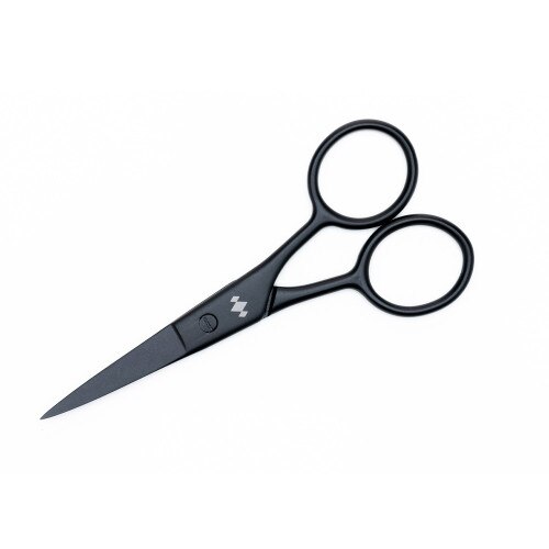 An image of a pair of small black grooming scissors with the three silver diamonds of the BK for Men brand on the handle.
