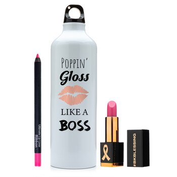 A product image set consisting of a Kandi Koated water bottle and a pink lip liner and lipstick pictured on a white background