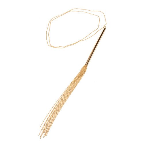 An image of the Chain Reaction flogger necklace. The chain is coiled in a loop toward the top of the image. Below it is a golden rod with multiple beaded tails hanging from it, forming the flogger.