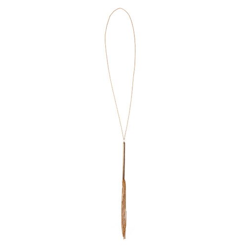 A view of the fully extended Chain Reaction necklace, arranged vertically with the flogger dangling downward.