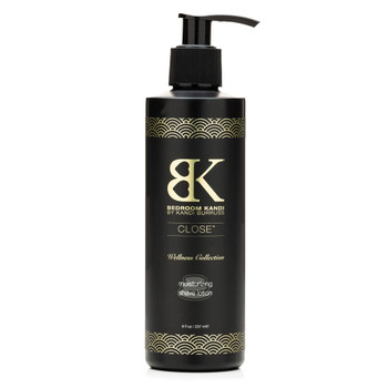 An image of a black vertical plastic bottle of BK Close shave lotion with a pump cap on a white background. The label is black and gold.