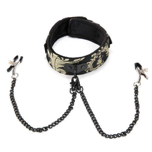 An image of an adjustable collar on a white background, with two nipple clamps connected to it via a pair of clipped-on black chains