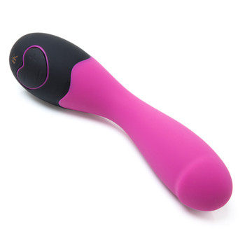An image of the BK Cuddle lying on its side on a white background. It is a simple, versatile, elegant pink and black massager gently curved for G-spot pleasure.