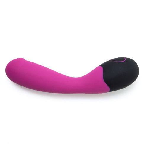 A side view of the BK Cuddle vibrator. It is a simple, versatile, elegant pink and black massager gently curved for G-spot pleasure.