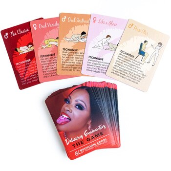 A spread of cards from the DELICIOUS ENCOUNTERS THE GAME card deck, with the stacked deck featuring a photo of Kandi below.