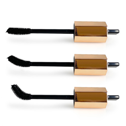 An image of the Drama mascara applicator, repeated three times, with the brush applicator straight, slightly curved, and heavily curved.