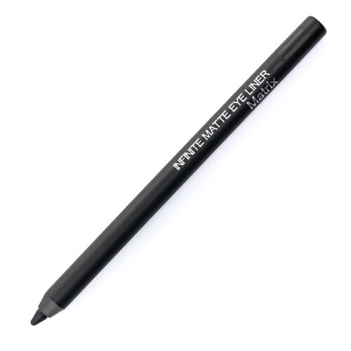 An image of a Kandi Koated Flaunt eye pencil in “Matrix”, a cool midnight black, on a white background. The body of the pencil is black.