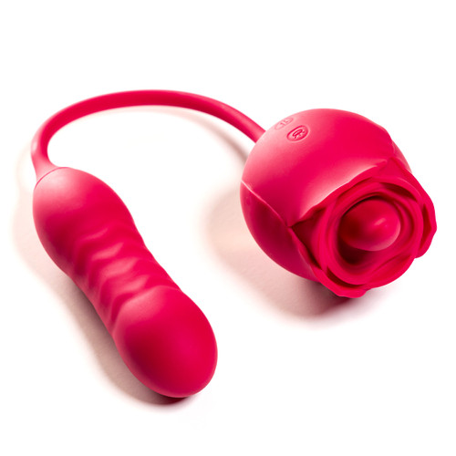 Flower Bomb: A red vibrator shaped like a flower with a tongue on one end and a bullet attached to a cord on the other