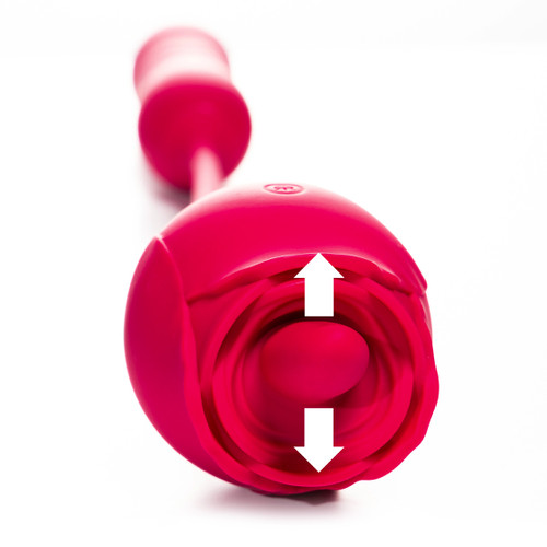 A shot of the flower end of Flower Bomb with arrows illustrating the up and down licking motion of the tongue