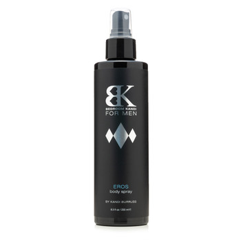 A tall black pump spray bottle of the Bedroom Kandi For Men body spray in the Eros fragrance. The label is black and silver.