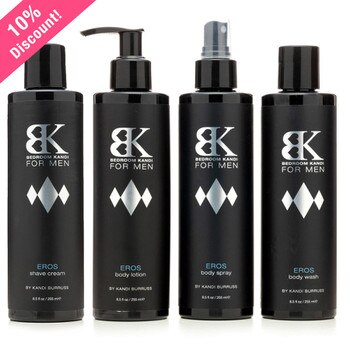 An image of four bottles of equal size with black and silver labels, containing the BK for Men body wash, body lotion, shave cream and body spray, all in the Eros fragrance.