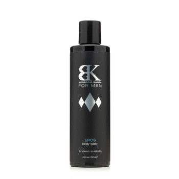 A tall black bottle of the Bedroom Kandi For Men body wash in the Eros fragrance. The label is black and silver.
