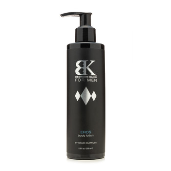 A tall black pump bottle of the Bedroom Kandi For Men body lotion in the Eros fragrance. The label is black and silver.