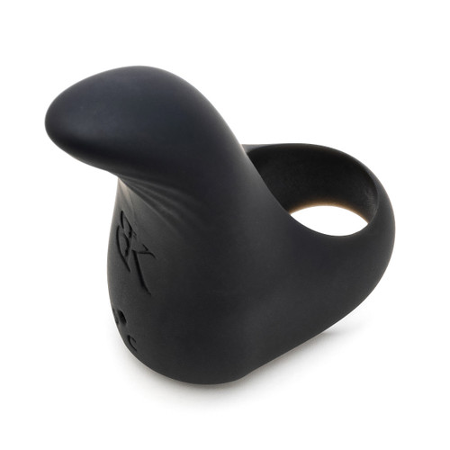 A high angle view of the black silicone GET IN TOUCH finger vibe sitting on a white background, focused on the curved ergonomic angle of the vibe