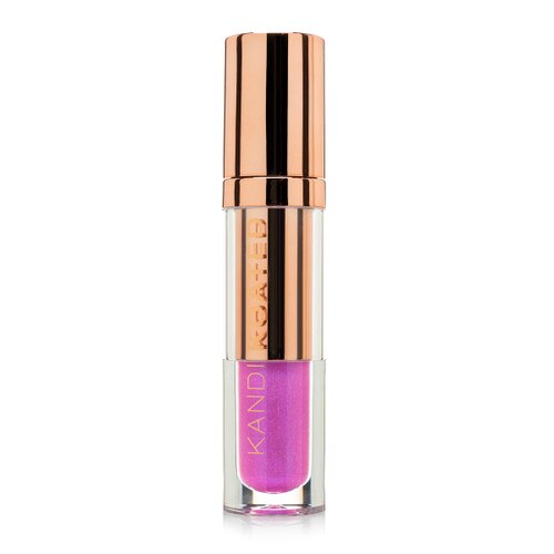 A closed clear and rose gold tube of Glaze lip shine in “Corset”, a sheer, iridescent cool pink with blue shimmer. The tube has Kandi Koated written up the side and a rose gold cap.