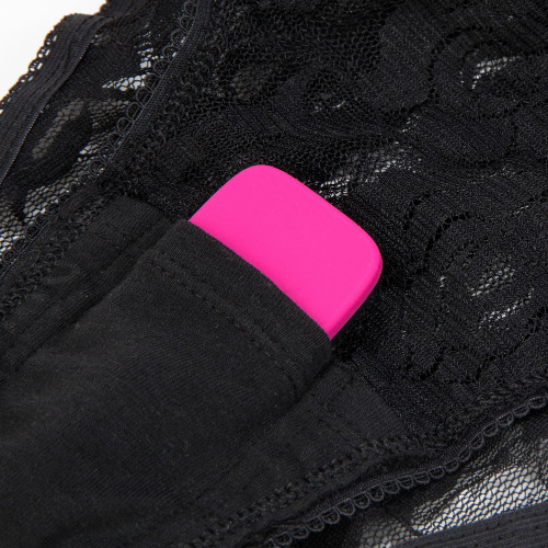 An image of the Groove panty vibrator inside the soft cotton pouch within the lace panty. The pouch holds the vibe in place for comfortable easy use.