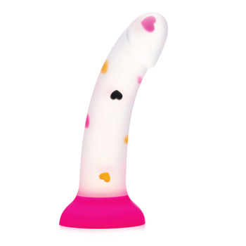 The Bedroom Kandi Heart to Heart dildo, with a hot pink suction cup base and a curved shaft made of translucent silicone filled with gold, pink, and black confetti hearts