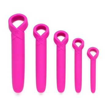 The five dilators in the Bedroom Kandi Horizons vaginal dilator set for vaginal wellbeing arranged from largest to smallest in a row on a white background. The dilators are bright pink.