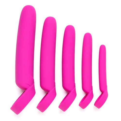 An image of the Horizons dilators arranged by size in profile. The dilators are cylindrical with one end tapered to a rounded end and the other with a flared retrieval loop.