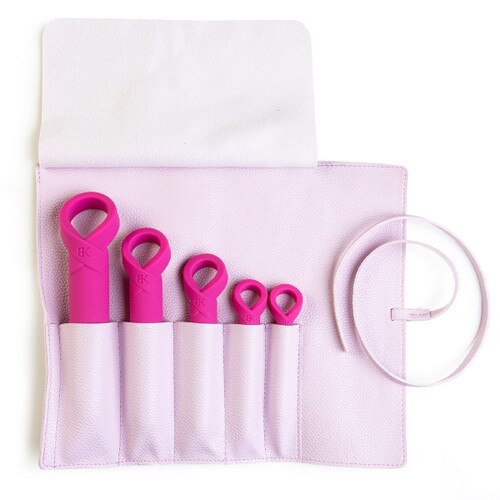 the unrolled pale pink faux-leather carrying case with the five BK Horizons dilators inside in their respective pockets for storage and hygiene.