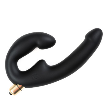 A side image of Bedroom Kandi's black silicone double-ended strapless strap on dildo with a slim gold bullet vibe inserted. Each end is curved for g-spot stimulation.