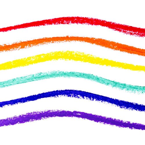 A rainbow of lipstick swatches in red, orange, yellow, green, blue, and purple on a white background