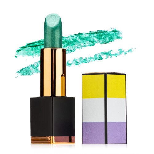 Green with Enby - a shimmery pine green lipstick that comes in a tube with the white yellow black and purple non-binary pride flag