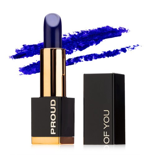 Girl, Bi - a rich dark blue lipstick with violet undertones in a tube that says Proud Of You