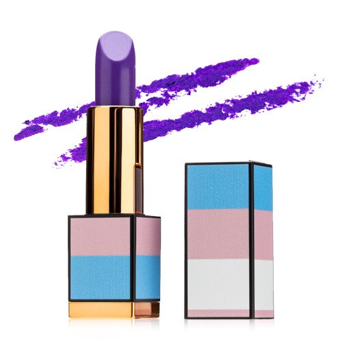 Be You-tiful - A medium purple lipstick in a tube with the blue white and pink transgender pride flag