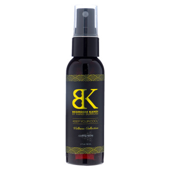 A 2oz black bottle with a spray pump cap of Bedroom Kandi Keep Your Cool cooling spray