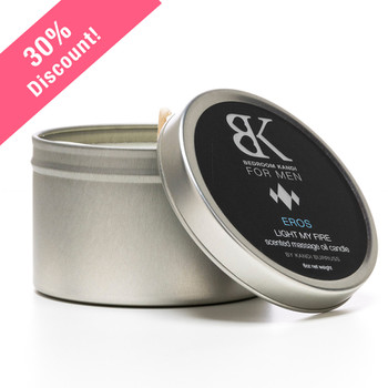 An image of the LIGHT MY FIRE massage oil candle tin with the BK for Men EROS fragrance