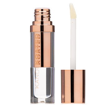 An open tube of Lip Drip glossy lip oil by Kandi Koated in clear No Filter