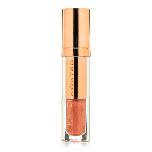 A closed clear and rose gold tube of Liquid Satin lip shine in “Alluring”, a shimmering warm rose gold. The tube has Kandi Koated written up the side in rose gold letters and a rose gold cap.