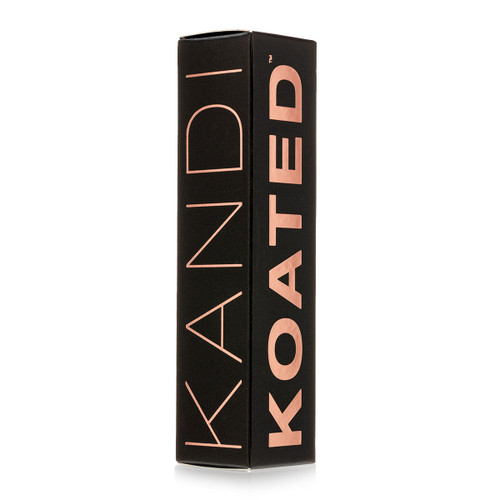 A black vertical box that the tube of Liquid Satin is packaged in. Kandi and Koated are written along the two visible sides in rose gold lettering.