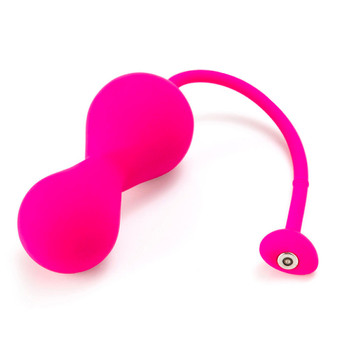 Lovelife Krush Kegel Exercise in Pink resting on a white background with the retrieval cord antenna curved to the side