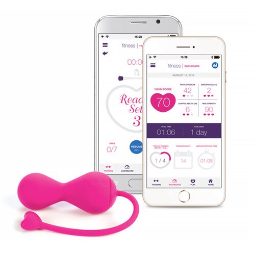 The pink Lovelife Krush next to phones displaying the TASL kegel fitness app