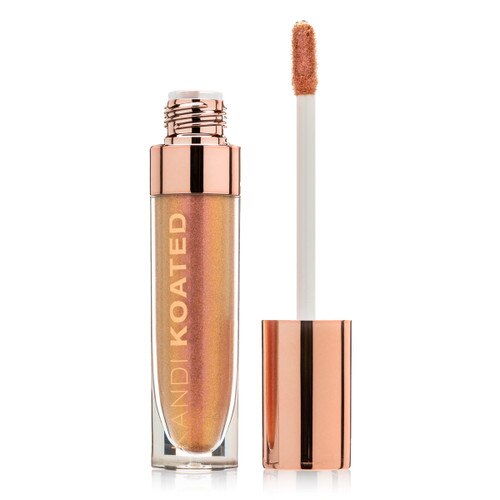 An open tube of Luster in “Bling”, a bright rose copper with a pink sheen. The rose gold cap with doe foot applicator stands beside it on a white background.