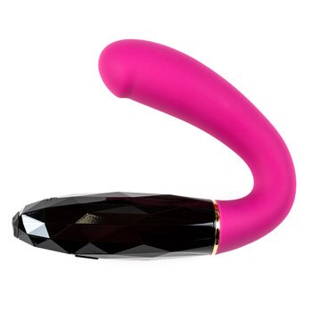 The Luxe Allure g-spot massager lying on a white background. The toy is curved into a v shape with a black diamond patterned handle and a flexible pink silicone neck angled for g-spot pleasure.