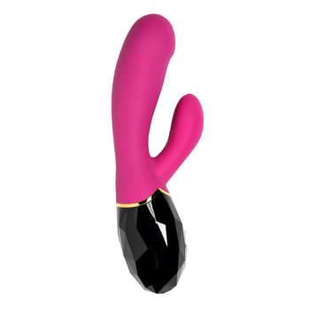 An upright image of the LUXE Amaze dual-stim massager. It has a slightly angled central shaft for g-spot stimulation and a tickler for clitoral stimulation.