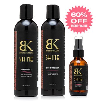 Bedroom Kandi Shine hair care items including shampoo, conditioner, and styling elixir