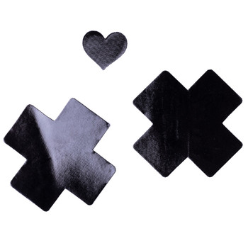 An image of a pair of black patent faux leather Welcome To the Dungeon cross-shaped Nippies for Bedroom Kandi with a patch test on a white background